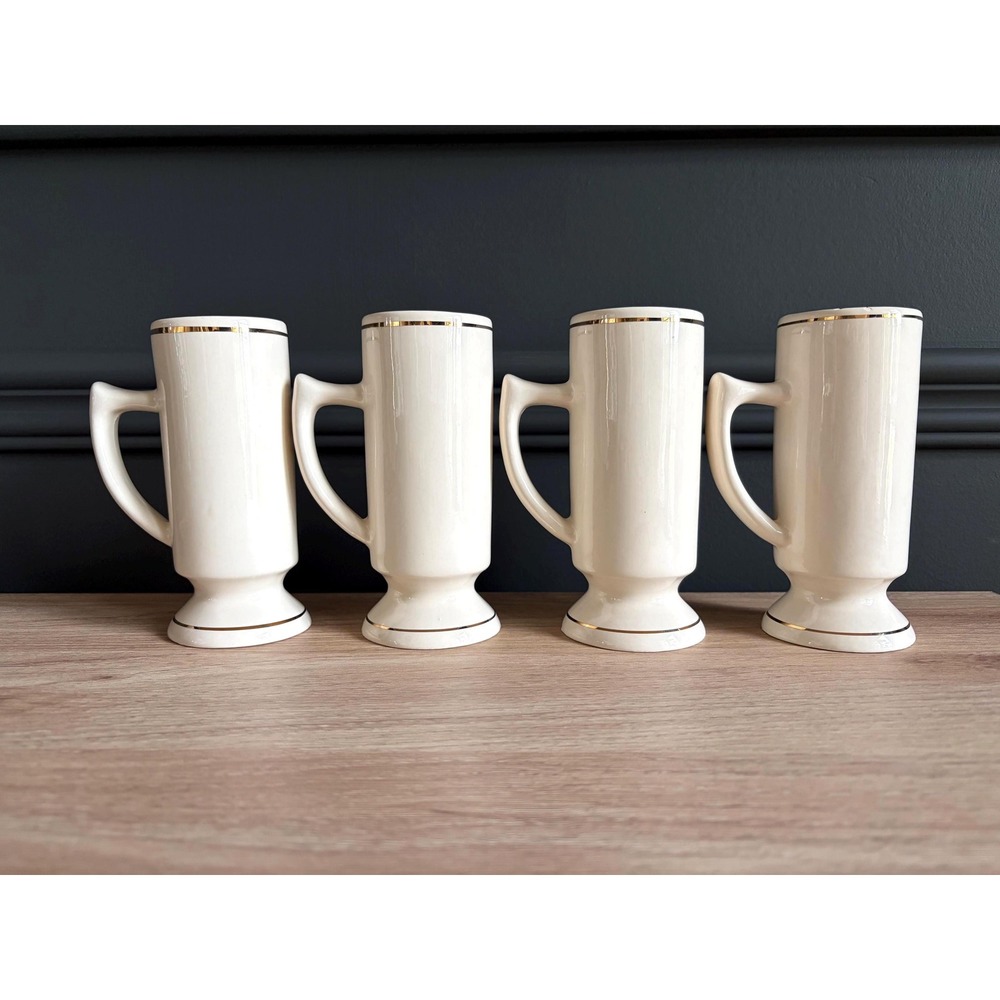 Vintage Ivory Gold Trim Pedestal Coffee Mugs, Set of 4, Taiwan